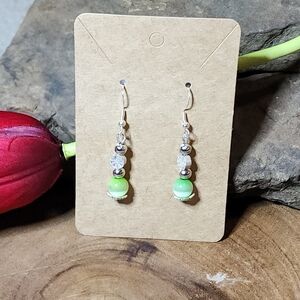 Hand Crafted Green Cat's Eye and Silver Toned Dangle Drop Earrings